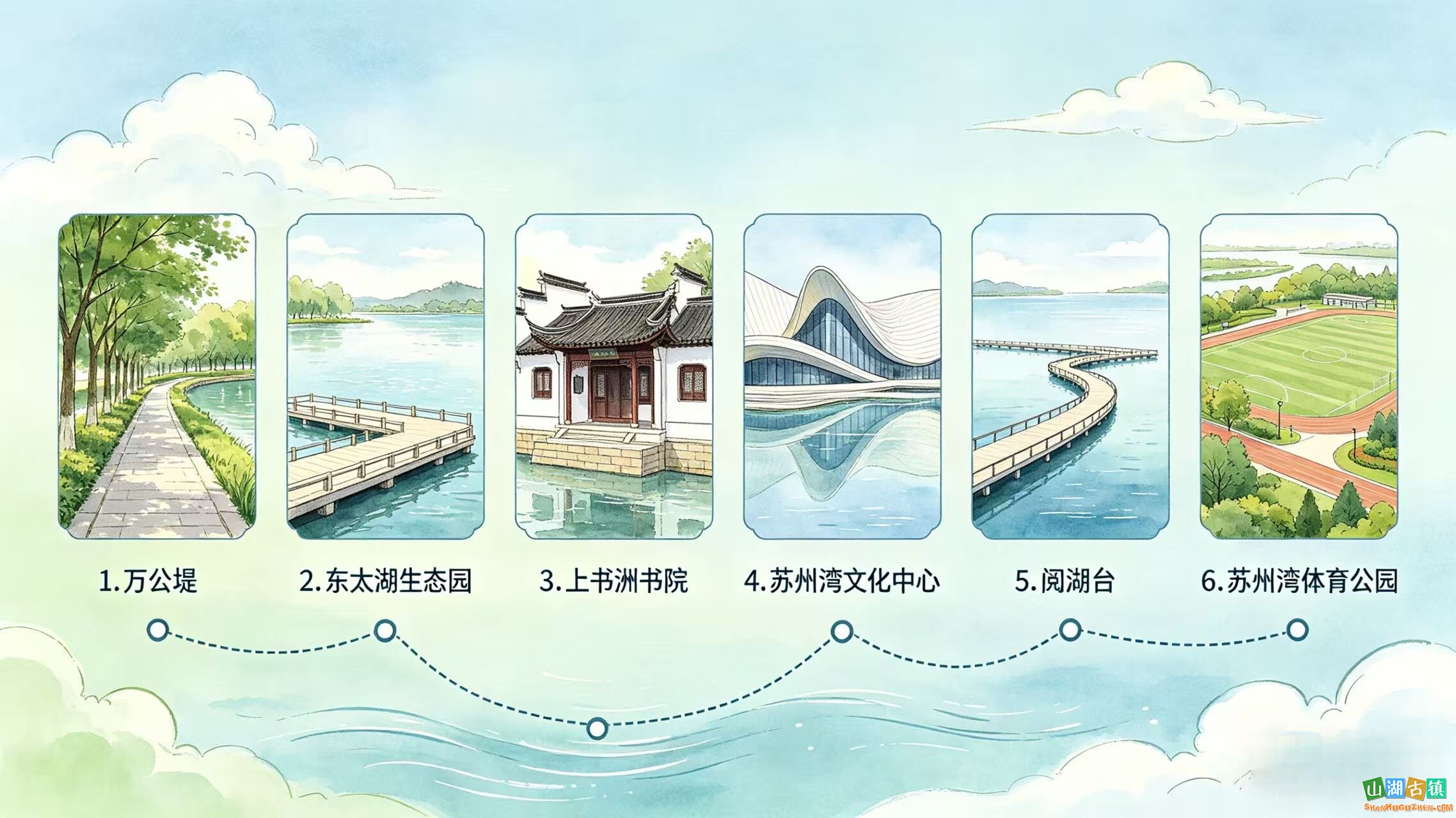 苏州湾东太湖湖景人文一日游生态堤岸・书院・文化地标・湖鲜美食（8个途径点）